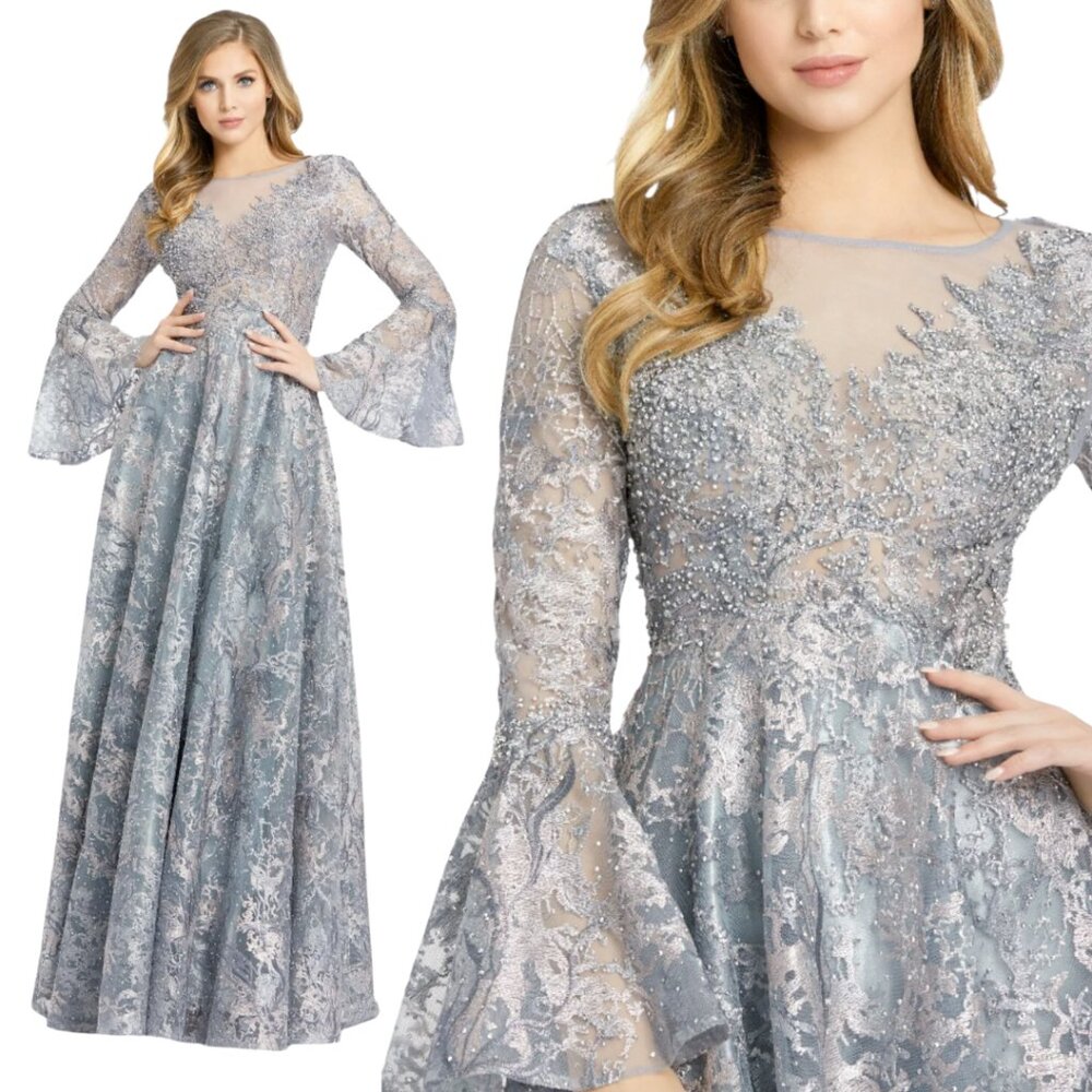 Mac Duggal 20258 Womens‎ Size 4 Gray Silver Bell Long Sleeve Ballgown Gown Dress
